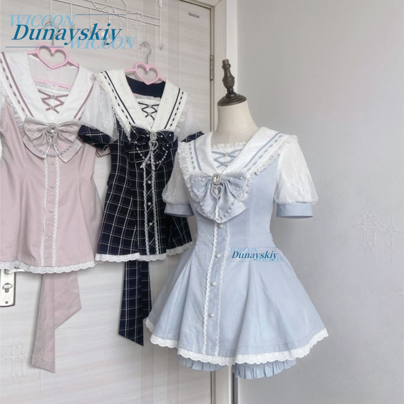 Summer Japanese Clothing - Sailor Collar Dress Set Lace Bow