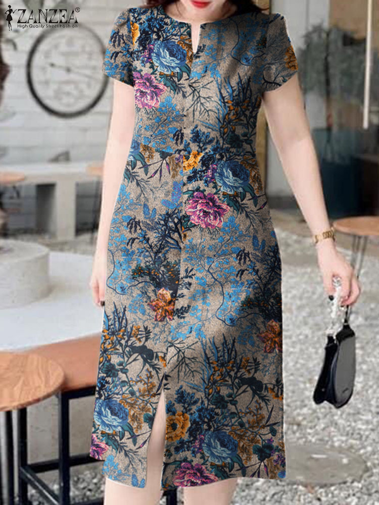 Sundress Midi Floral - Fashion Retro Short Sleeve Robe ZANZEA
