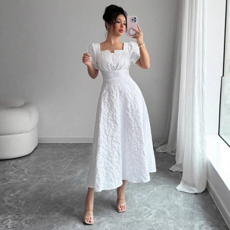 Sundress Midi Floral - Women White Embossed Floral Midi Dress