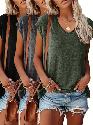 Summer Clothing Drop - 3-Pack of Solid Color V-Neck Cap-Sleeve