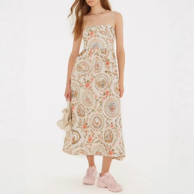 Sundress Midi Floral - Women's Vintage Floral Print Spaghetti Strap
