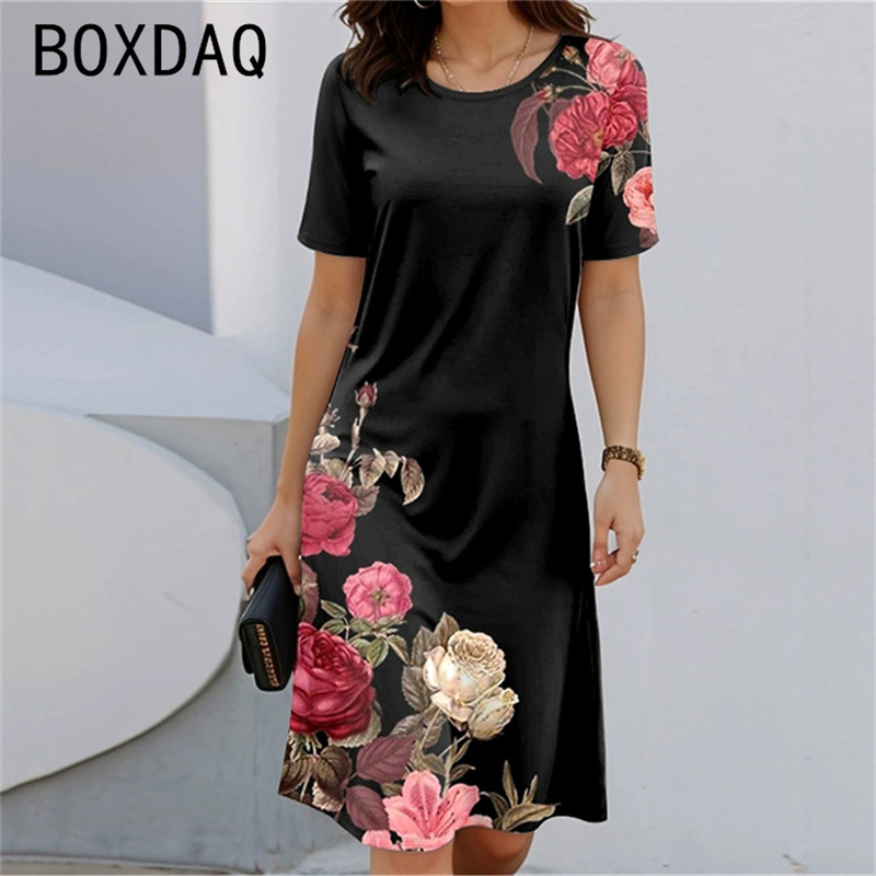 Sundress Midi Floral - Bohemian Style Short Sleeve Round Neck