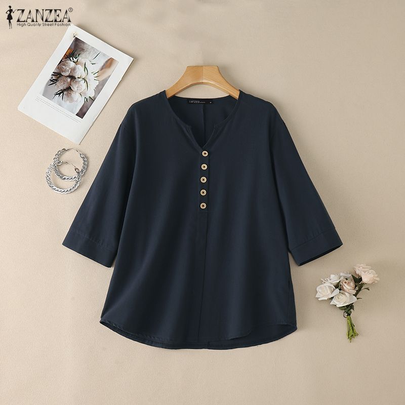 Summer De Clothing - Woman Casual Cotton Linen Blouses V-Neck