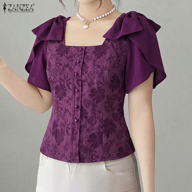 Summer De Clothing - ZANZEA Woman Elegant Floral Jacquard Blouses