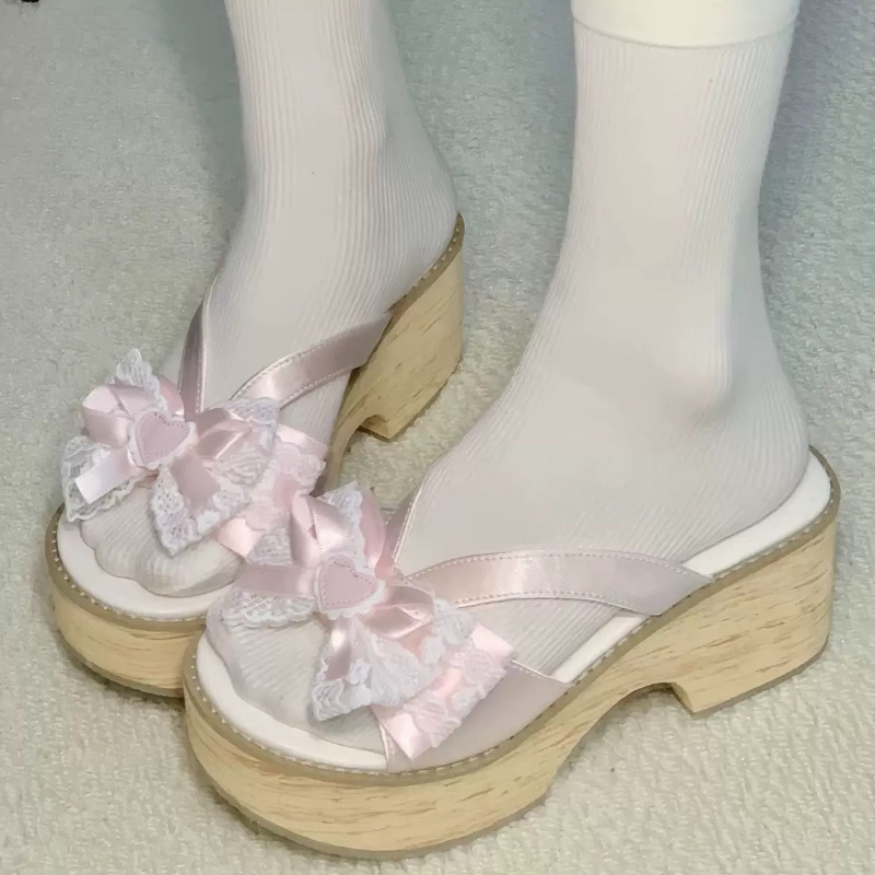 Summer Holiday Clothing Women - Sweet Bow Wood Grain Thick Bottom