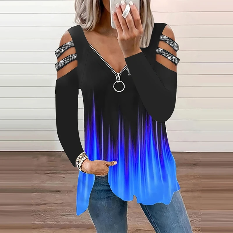 Gradient Color Zipper V Neck T - đánh giá và giá Summer Clothing Drop