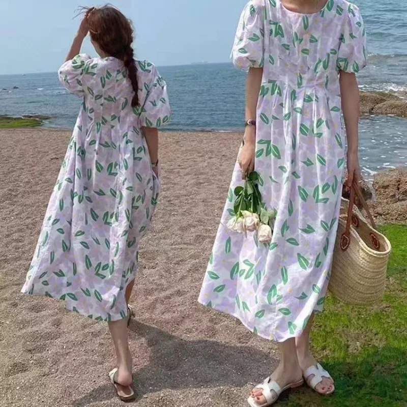 Mùa Hè Cổ Tròn Cao Cấp Nếp Gấp - đánh giá và giá Sundress Midi Floral