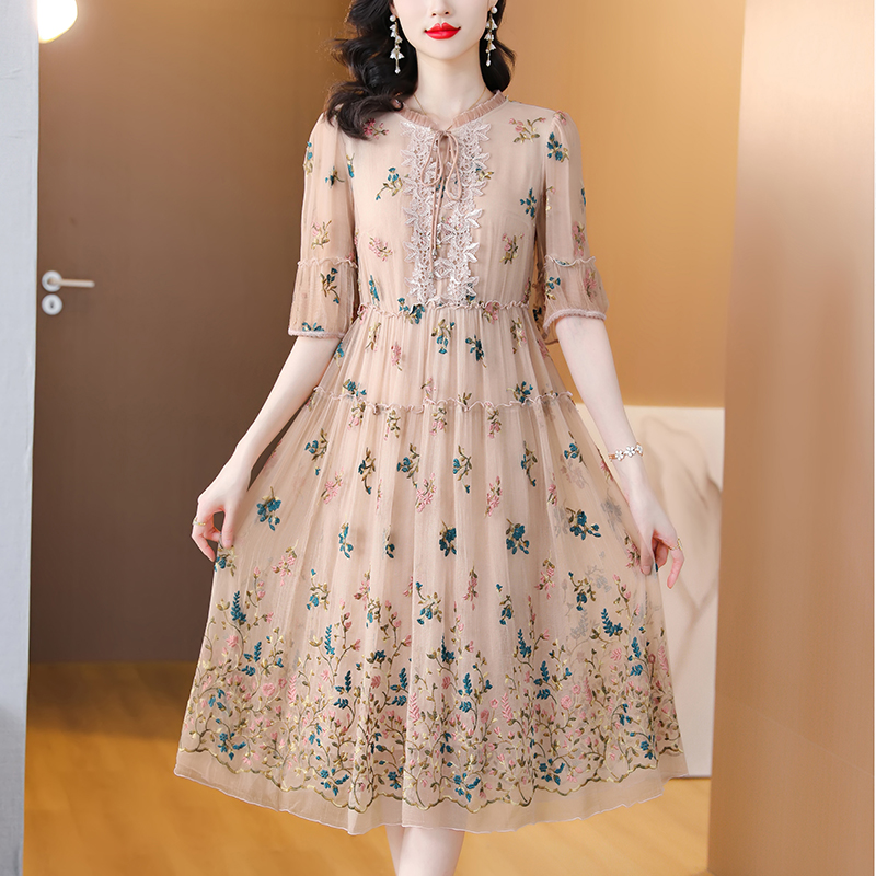 Women Floral Natural Silk Embr - đánh giá và giá Sundress Midi Floral