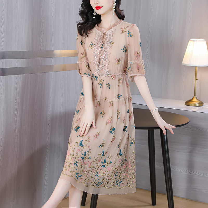 Women Floral Natural Silk Embr - đánh giá và giá Sundress Midi Floral
